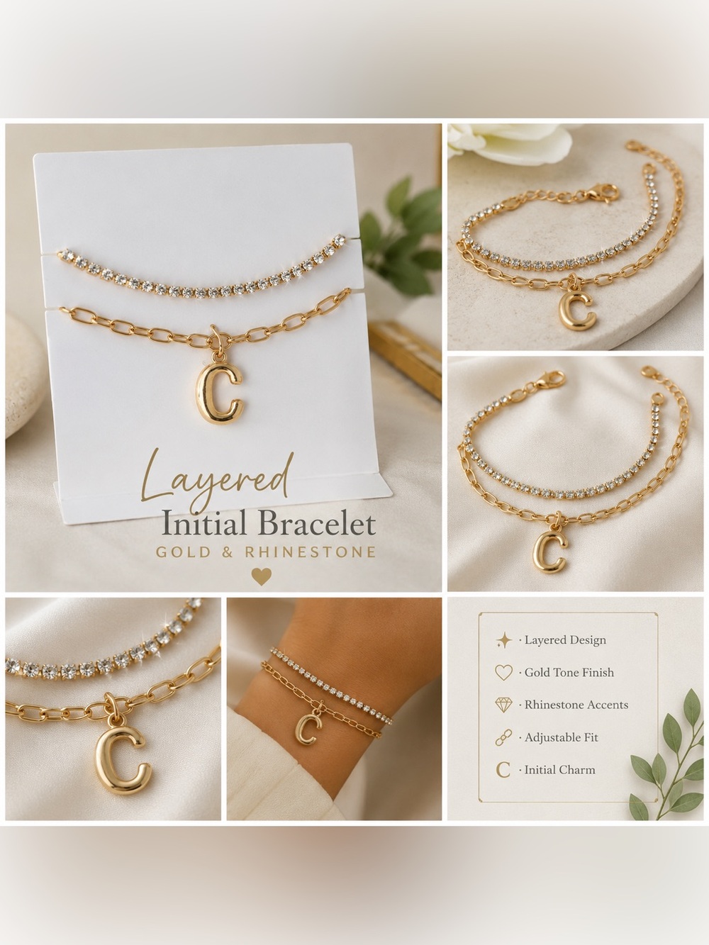 Gold Layered Initial 'C' Bracelet with Rhinestones